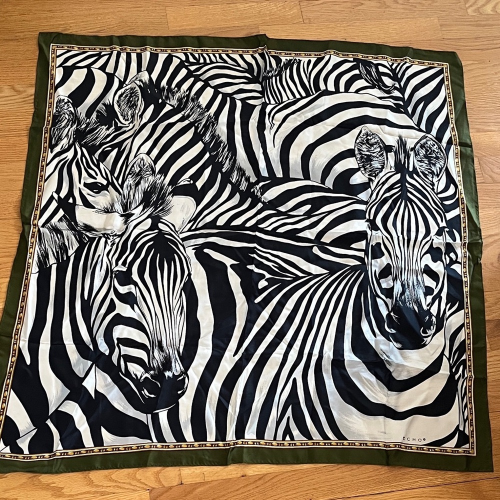 Vtg ECHO Silk ZEBRA Collage 100% Silk Scarf Japan zebras zoo animal theme